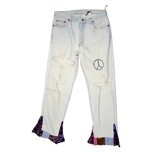 Vintage Calvin Klein USA Distressed Patchwork Jeans Size 34 Peace Sign Y2K - Picture 1 of 11